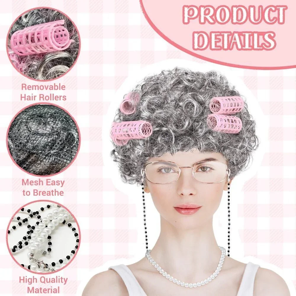 Old Lady Costume Set Gray Wig Glasses Pearl Necklace Cosplay Halloween